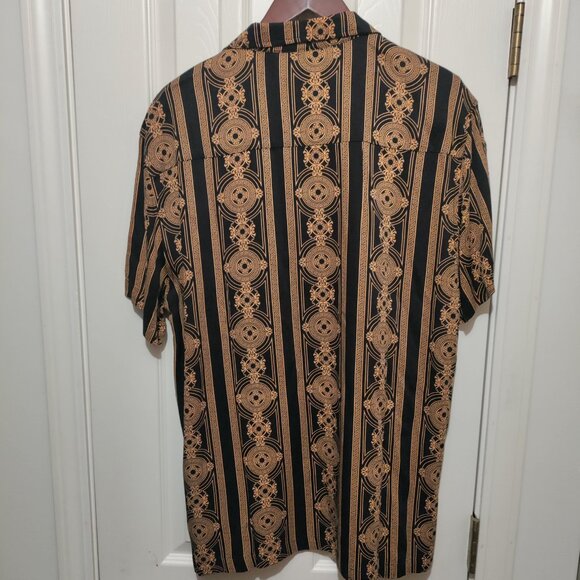 NWT Casa Moda Couture M Mens Woven Shirt AOP Baroque Pattern Black Gold S/S - Picture 2 of 7